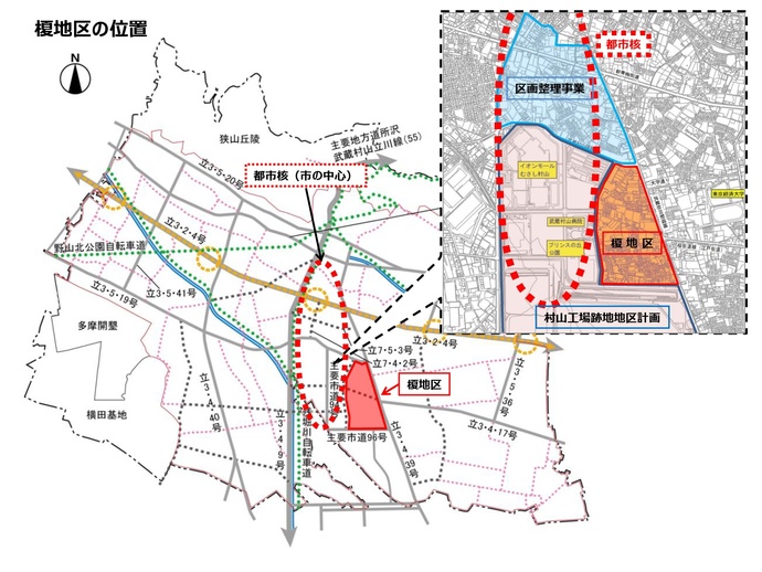 武蔵村山市全体における榎地区の位置図と周辺地区と榎地区の位置