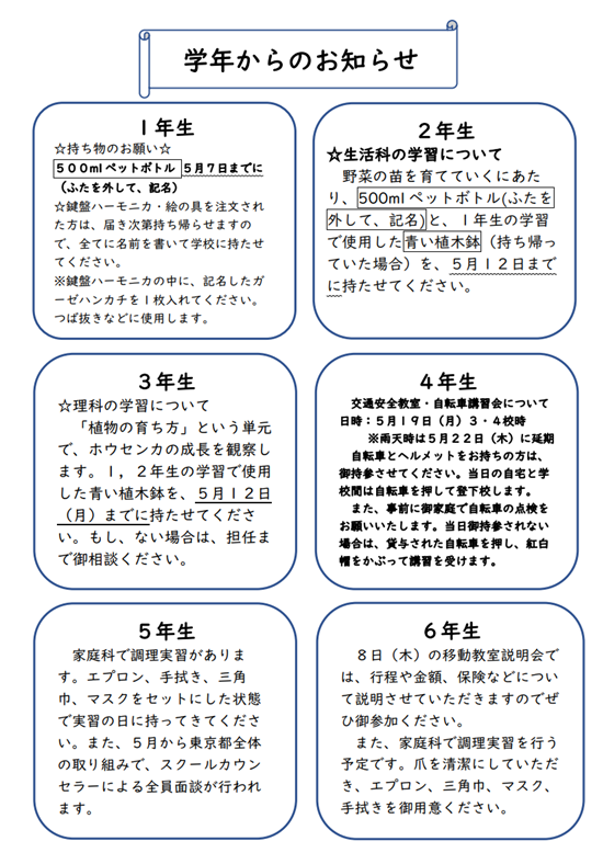 学年からのお知らせ5月