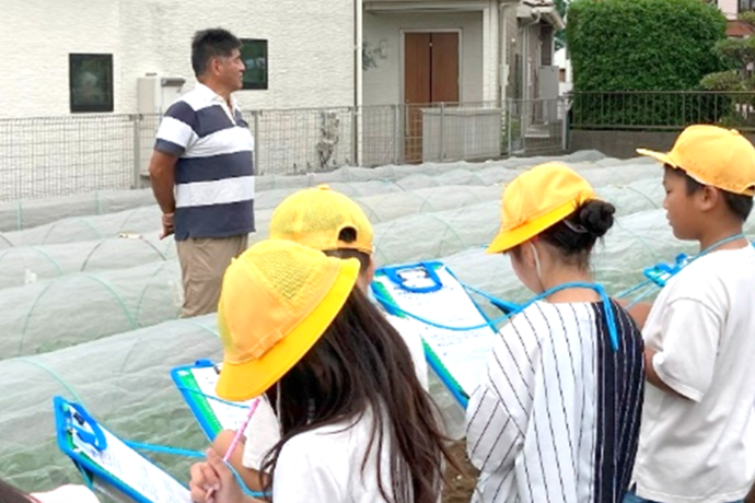 畑見学をする八小の3年生